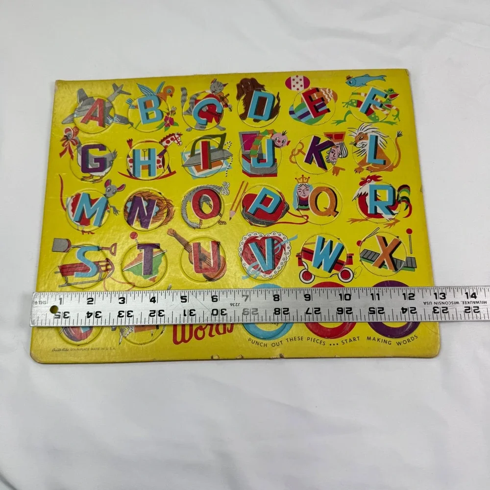 Vintage Built-Rite Make Words Alphabet Board Yellow Cardboard Punch Out Toy USA